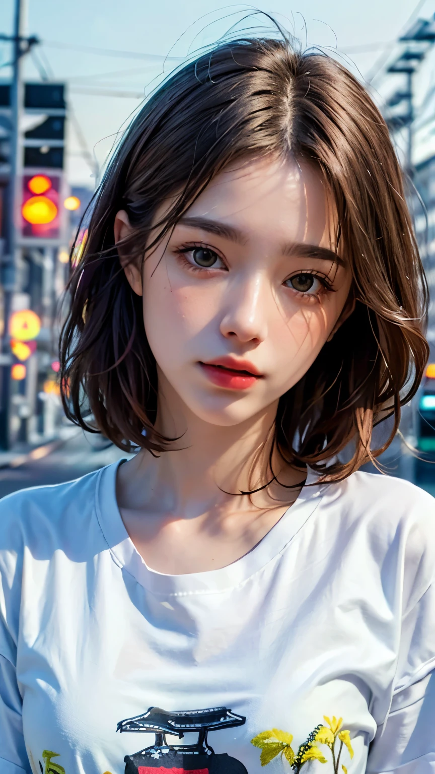 White clothes、Oversized white t-shirt、highest quality, masterpiece, Ultra-high resolution, (Realistic:1.4), RAW Photos, One Girl,  In the Dark, Deep Shadow, Moderate, Night Alley, short hair, roadside,walk, 20-year-old,Cute Face, Small breasts, Tight shirt,(head shot:1.5)