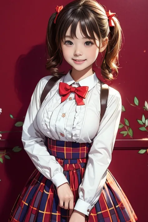 little young girl.................,, in front of the school、connect to skirt with suspenders、white shirt with long sleeves、plaid...