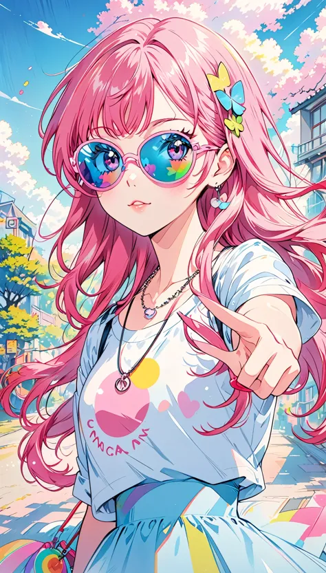 anime girl wearing sunglasses and a necklace making a peace sign, anime-style illustrations, decora style illustrations, anime a...