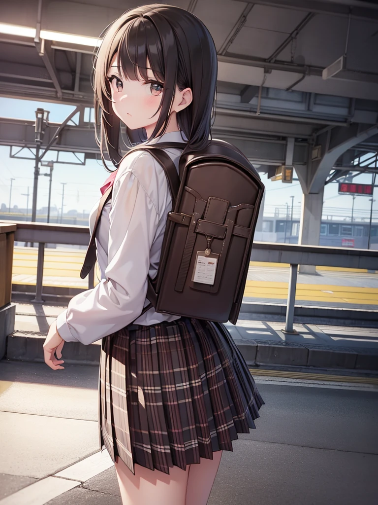 masutepiece, Best Quality, High resolution, Extremely detailed, Detailed background, Cinematic lighting, 1girl in, Looking at Viewer, Wear a plaid shirt, midium skirt, Pleated skirt, Standing, Full body, Wearing a school bag backpack, (Randoseru Backpack:1.0), Sunlight, Waiting train, train station, Stand on the platform , City Girl