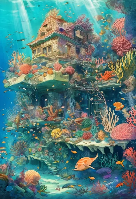 a underwater nation underwater kingdom dwelling aboes with corals seaweed crustaceans shells starfish undersea underwater flora ...