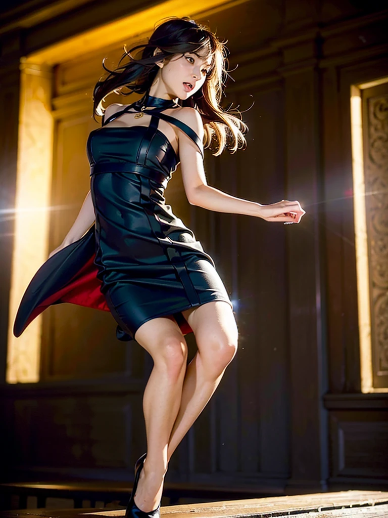 (((A woman is jumping))),Jump like a high jumper,8k, perfect physique, Handsome face,perfect proportions, detailed face, high quality, photorealistic, stunning eyes, long eyelashes, attractive facial features, flawless skin, light brown hair, tight waist, stylish clothes, necklace,  rough , vivid colors, masterpiece, best quality,Black Dress,