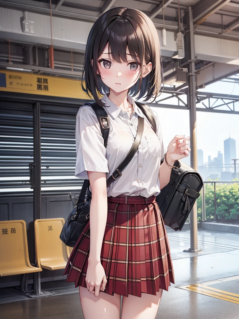 masutepiece, Best Quality, High resolution, Extremely detailed, Detailed background, Cinematic lighting, 1girl in, Looking at Viewer, Wear a plaid shirt, midium skirt, Pleated skirt, Standing, Full body, Wearing a school bag backpack, (Randoseru Backpack:1.0), Sunlight, Waiting train, train station, Stand on the platform , City Girl