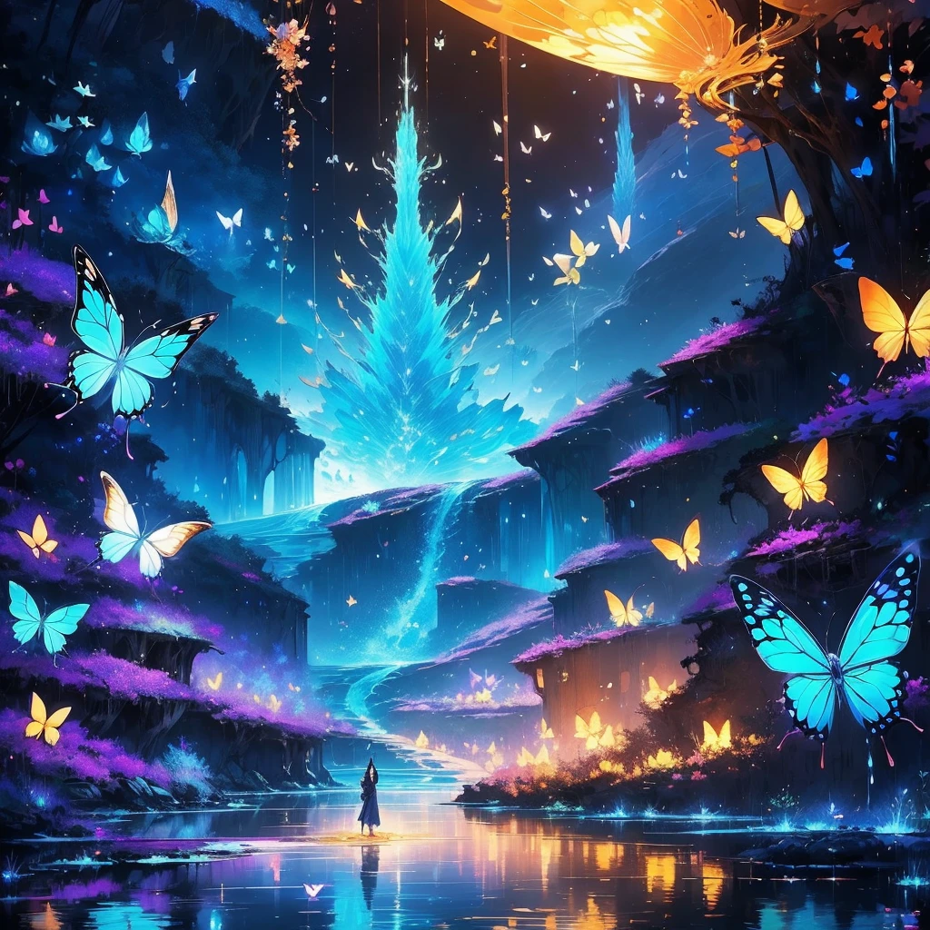 highest quality、Masterpiece、Official Art、The best composition、spirit、surrounded by water、Water fractal art、Neon butterfly々is lighting up the night sky,Butterfly-elves