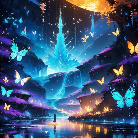highest quality、Masterpiece、Official Art、The best composition、spirit、surrounded by water、Water fractal art、Neon butterfly々is lig...
