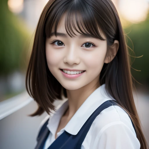 可爱的15岁日本人、在路上、高度细致的脸部、注意细节、双眼皮、漂亮又纤细的鼻子、清晰聚焦:1.2、美丽的女人:1.4、可爱的发型、纯白肌肤、最好的质量、杰作、超高分辨率、(实际的:1.4)、高度详细和专业的照明、灿烂的笑容、日本女学生制服