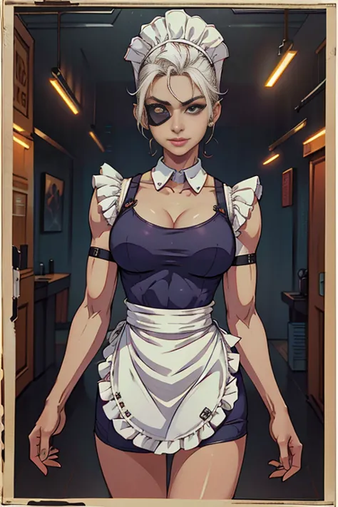 maid clothesを着た美しいサイボーグの女性兵士、short white hair、muscular、six pack abs、(maid clothes:1.8)、(white ruffled apron:1.4)、facial blemishe...