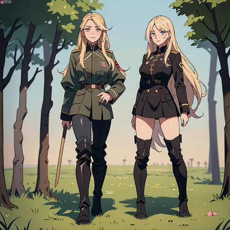 Masterpiece, blonde girl, long straight hair, messy hair, military prussian uniform, walking in a field, prominent breasts, pret...