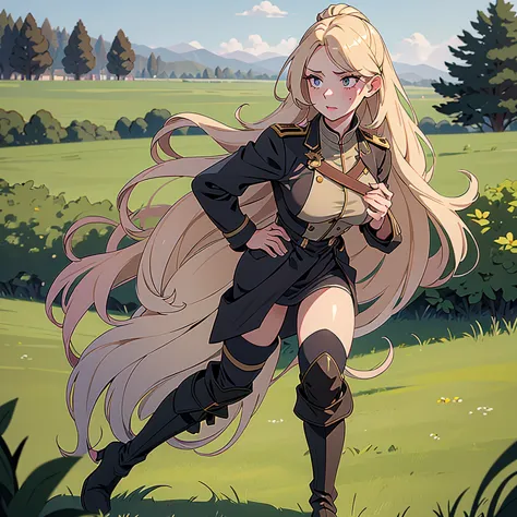 Masterpiece, blonde girl, long straight hair, messy hair, military prussian uniform, walking in a field, prominent breasts, pret...