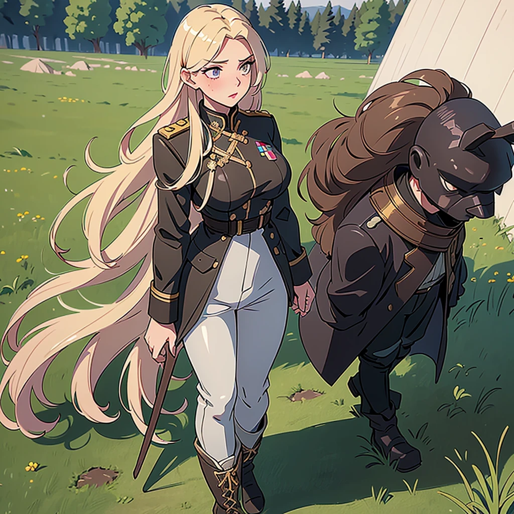 Masterpiece, blonde girl, long straight hair, messy hair, military prussian uniform, walking in a field, prominent breasts, pretty face, pink lips, plunging cheeks, black boots, dark gray uniform, mud-stained boots, slightly dirty clothes, slightly bruised face