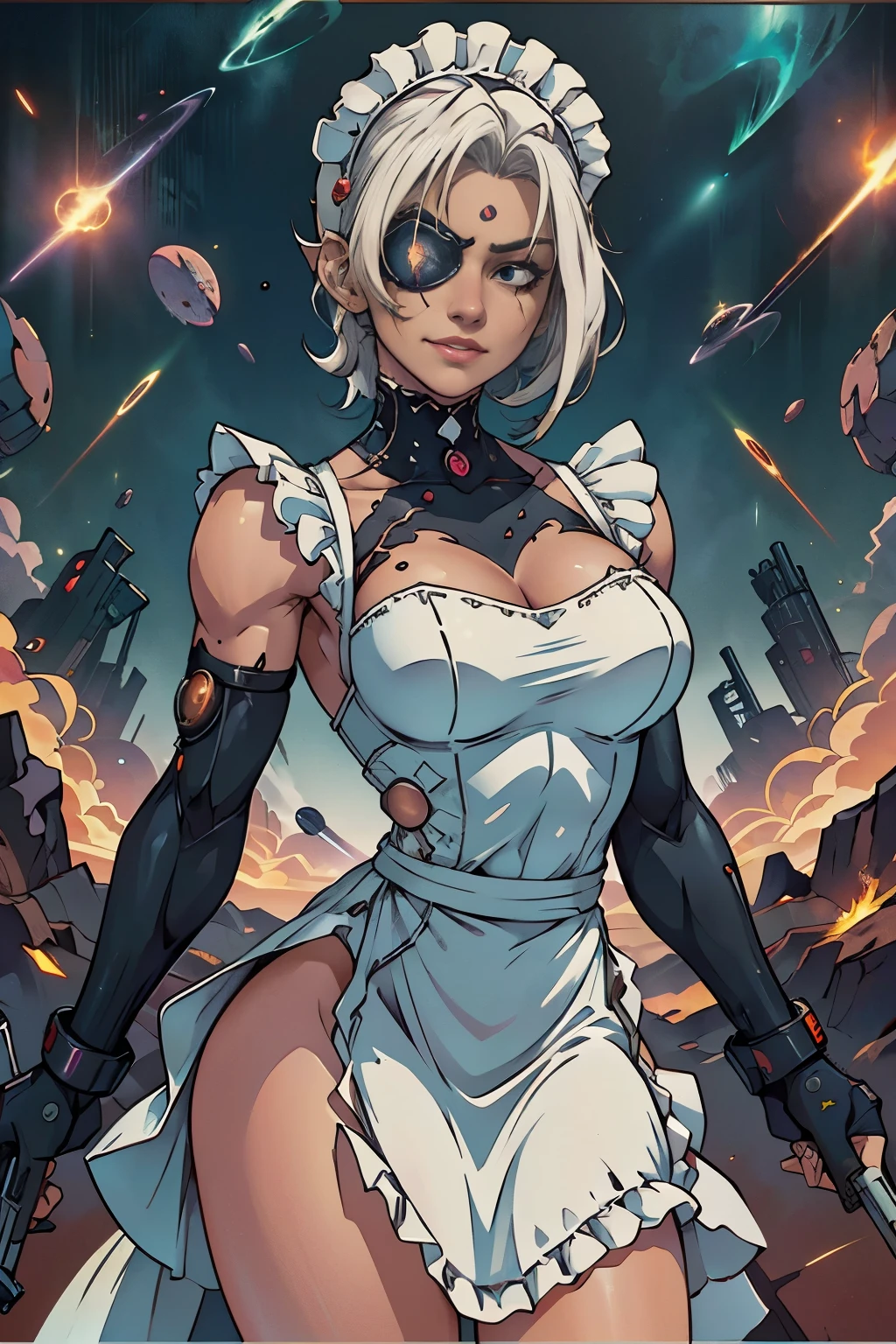 a beautiful cyborg female soldier wearing a robe de femme de chambre, cheveux blancs courts, Musclé, Abdos en pack de six, (robe de femme de chambre:1.8), (tablier blanc à froufrous:1.4), Visage marqué, cache-oeil, la main gauche est un pistolet laser, (gangsters de l&#39;espace et fusillade:1.4), Expression souriante