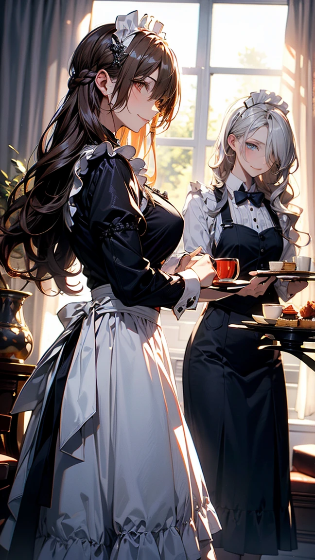 (Masterpiece, best quality), (ultra high resolution, 8K RAW photo, photo realistics:1.5, textile shading, thin outline), Beautuful Matured woman preparing tea-party in the garden, (tea set, tea pot, tea cups, some cakes on dish), Gothic table, wearing traditional dark-brown maid uniform, maid costume:1.2, long flare skirts, apron, Tall and long legs, long white hair, wearing rimless grasses, (milf:1.5, 28 years old, solo), ( narrow waist), (long white hair, hair over one eye, updo, side lock, asymmetric hair, wavy hair), (bright pupils, detailed eyes, high detailed face, Perfect face shape, eye rush), (seductitve smiling, half-closing eyes), (looking at viewers:1.3), (dynamic angle, tighs focus, from side below:1.2), ((correct anatomy:1.5, correct hands)), (ideal ratio of body proportions), outdoor, glass garden, 