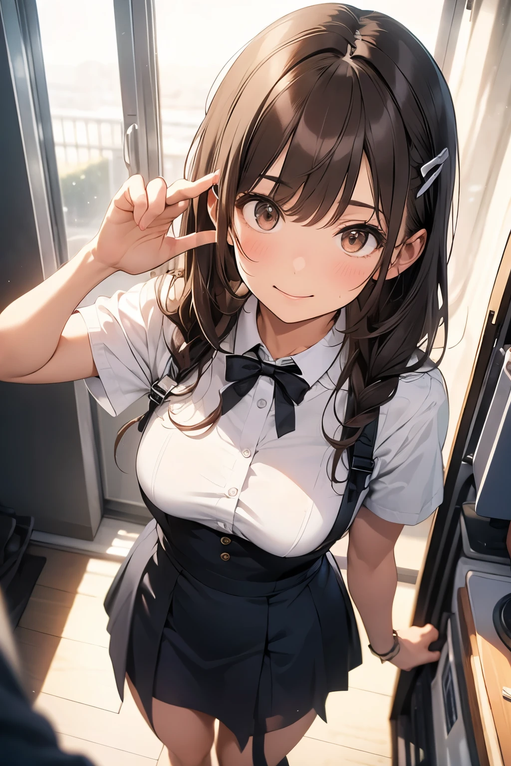 Brown Hair、Staring at the audience　　　Black suspenders　　　bulging big breasts　　 　 　　　wall: 　garter　　　　　sight　　　Small face　 　　　holster　　　Beautiful woman　　Show your hand　　 　sight 　　Taunt　side　side汗 　arm　Dress shirt　Black Suit　ベルト wall際　Put your hands up　Both hands above head　Armpit sweat　mini skirt