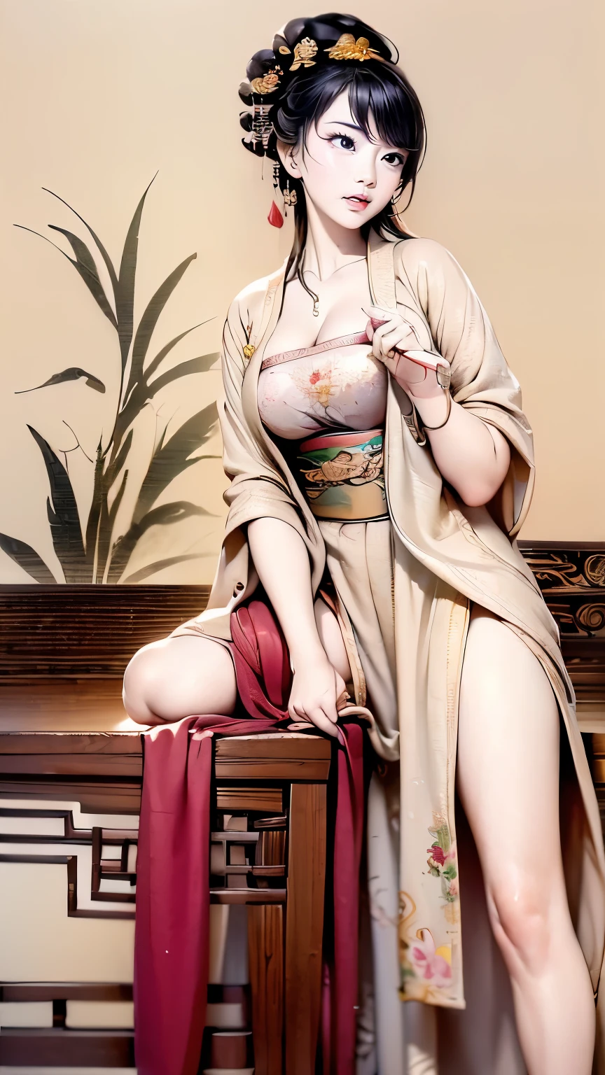 ((high-definition Chinese traditional ink image, hanfu)), eyes realistic sizing, drooping eyes, smiling, ((spread legs, standing and straddling to hit her crotch on a corner of the table for masturbation)), ((pubic hair, large areolas, orgasm, intense mating)), old fashion, open mouth, old temple,