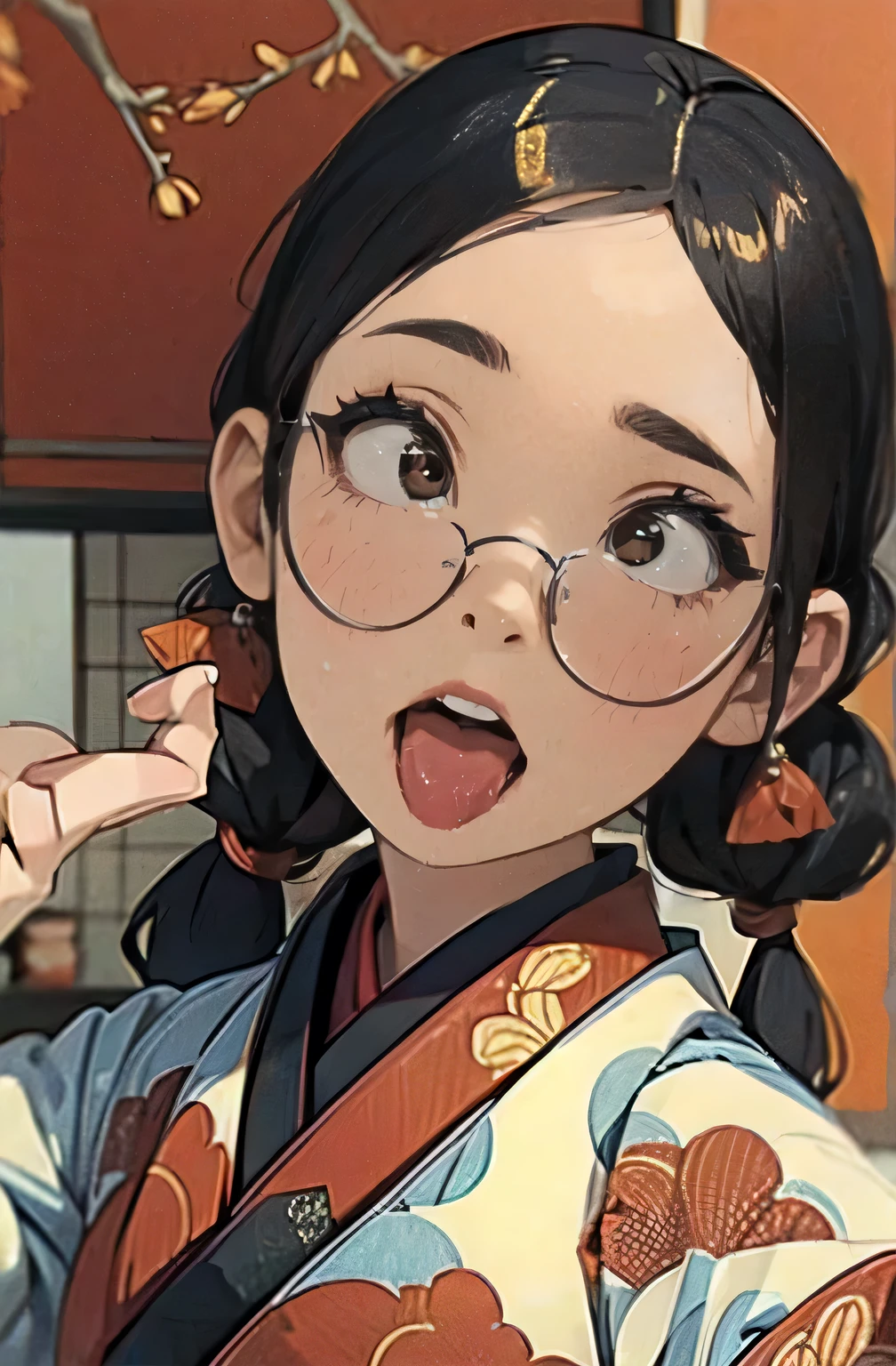 Anime girl with glasses and a kimono outfit making a surprised face -  SeaArt AI