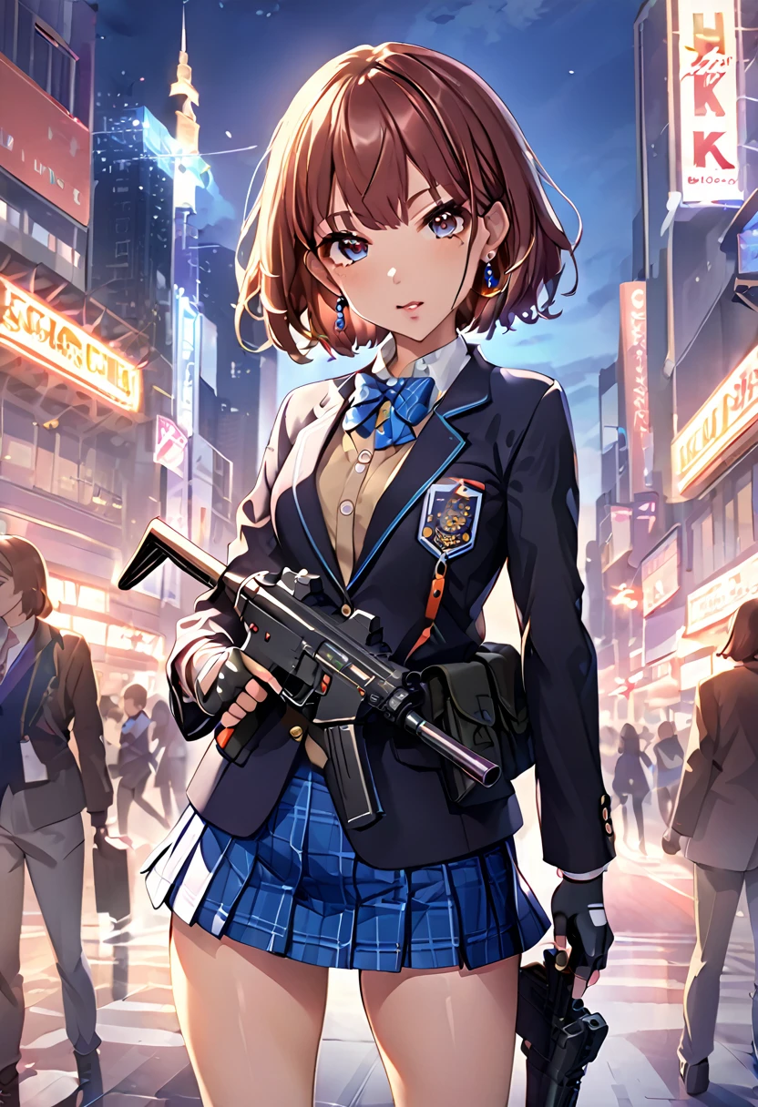 masterpiece、highest quality、Ultra-high resolution、Maximum resolution、Very detailed、Professional Lighting、anime、woman、thin、so beautiful、high school girl、blazer、mini skirt、Equipped with a submachine gun、(((H&K MP5)))、Mischievous、Reddish brown hair、Short Hair、Earrings、Fingerless Gloves、Beautiful eyes、Gloss Lip、boots、Equipped with transparent orange shooting glasses、Equipped with a chest rig、Are standing