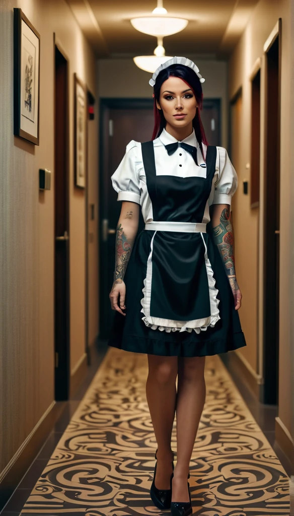 a woman with tattoo, (([red|black] hair)), long hair, maid, (modern maid outfit) maid, look at viewer, hotel corridor,  indoors, (soothing tones:1.0), (hdr:1.25), (artstation:1.2), dramatic, (intricate details:1.14), (hyperrealistic 3d render:1.16), (filmic:0.55), (rutkowski:1.1), (faded:1.3)