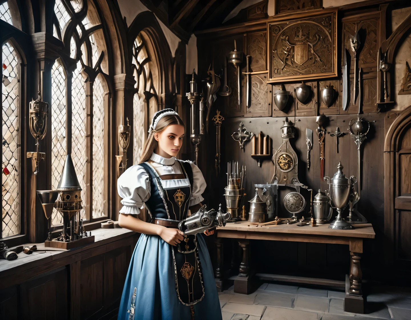 An ancient photograph, a cyborg girl in a maid outfit is building in the hall of a medieval castle, medieval furnishings, trophies and weapons on the walls, heraldry, realistic