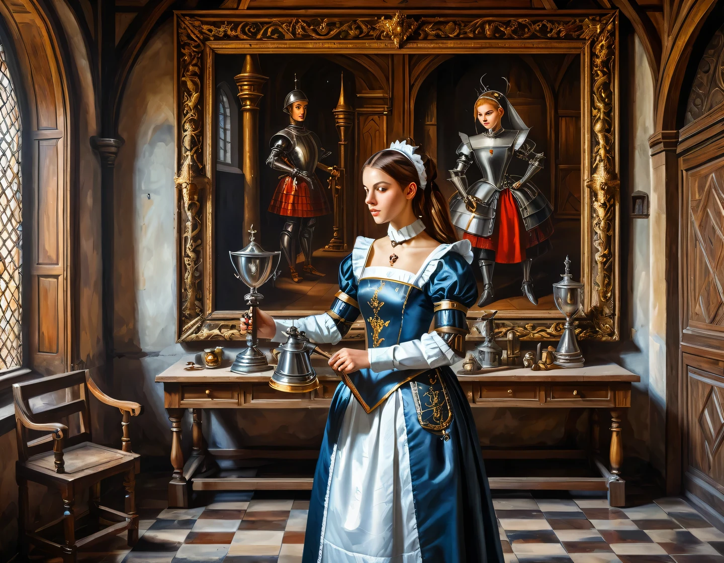 Ein antikes Ölgemälde auf Leinwand, ein Cyborg-Mädchen in einem Dienstmädchen-Outfit baut in der Halle einer mittelalterlichen Burg, mittelalterliche Einrichtung, Trophäen und Waffen an den Wänden, Heraldik, Texturglättung, geschmeidige Technik, Glanz, Detail