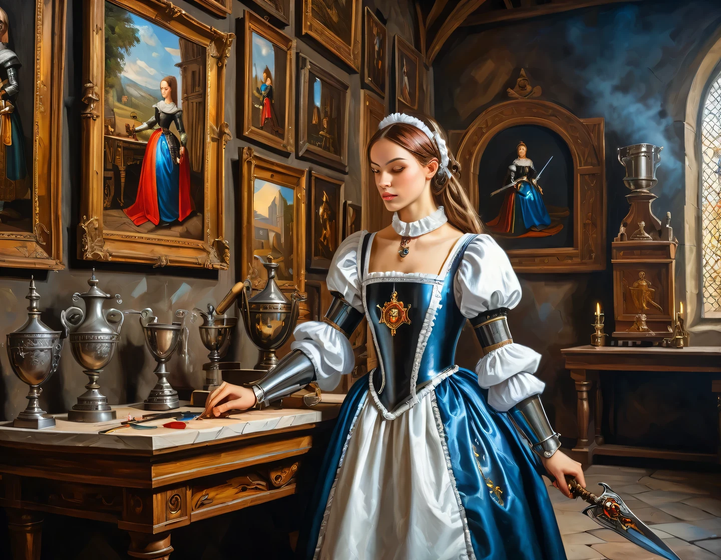 Una antigua pintura al óleo sobre lienzo., una chica cyborg vestida de sirvienta está construyendo en el salón de un castillo medieval, muebles medievales, trofeos y armas en las paredes, heráldica, Suavizado de textura, técnica suave, Brillo, detalle