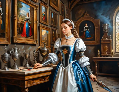 An ancient oil painting on canvas, a cyborg girl in a maid outfit is building in the hall of a medieval castle, medieval furnish...