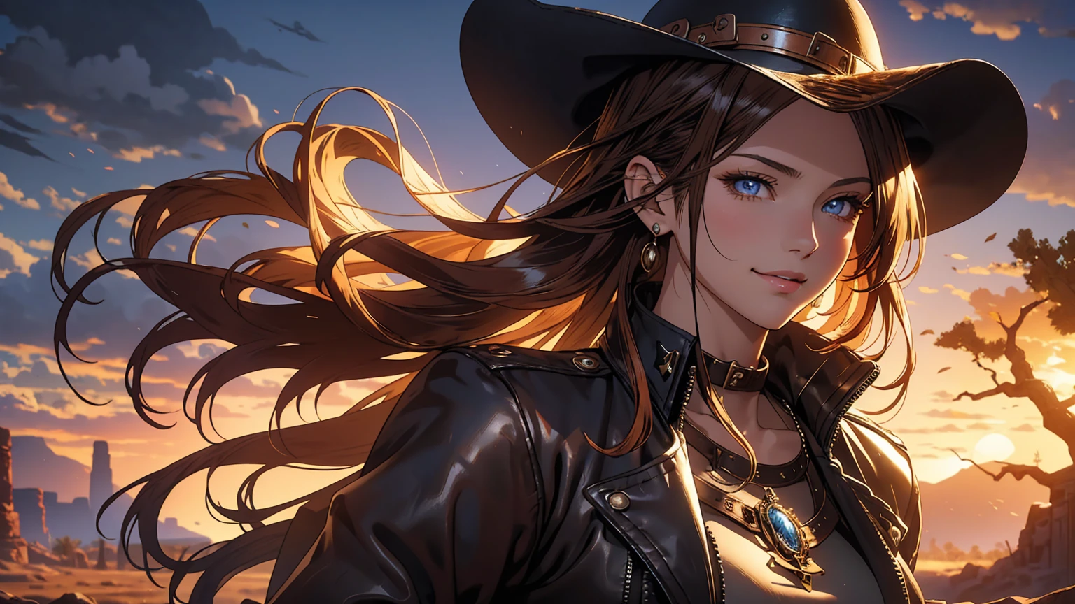 Arte de anime Genshin Impact: ((masterpiece: 1.2, 16k, super detail, best quality, accurate, high resolution, high quality)), (Wallpaper), Young cute cowgirl, age 18, super model, smiling, short brown leather jacket with open front, cowboy belt, brown cowboy hat, leather boots, braided hair, elegant posture, elegant cowgirl in the spotlight, illustrative style inspiration from the Charles Marion Russell, , strength, confidence, full body portrait, standing, top model pose, seductive expression, Full breasts, Tight shirt, Midriff, beautiful latin girl, looking at the spectators, beautiful and charming girl, perfect clean model face, exquisite facial features, detailed face, clear facial expressions, long wavy hair, gradient hair, beautiful detailed eyes, piercing and enchanting eyes, luscious lips, beautiful detailed glossy lips, rosy cheek, enchanting smile, perfect body, slim waist, dynamic poses, solo girl, wild west setting, plain of the American West, wide and warm old sky, the sunset, a desert with dry soil and sparse thorn trees, rocky mountains, winding river with vegetation on the banks, rusty railway track, rock formations, ruins of a miner's cabin, dilapidated railroad, complex background, very detailed illustration, Ultra-detailed CG, professional art, vibrant appearance, raw photo, (a majestic vision), (dramatic photo:1.4), cinematic, (HDR:1.5), (intricate details:1.1), natural colors, splendid lighting effects, (dramatic light), (Cinematic lighting), epic and surrealistic anime, detailed anime digital art, anime digital art, high-quality anime art style, award winning,