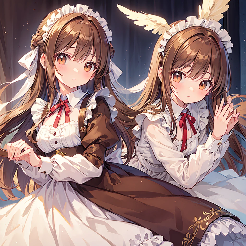 ((masterpiece)), ((highest quality)), ((Super detailed)), pretty girl, Brown long hair, Beautiful brown eyes, Maid clothes, ribbon, Angel&#39;s wing, 🤍, ((Simple white background))