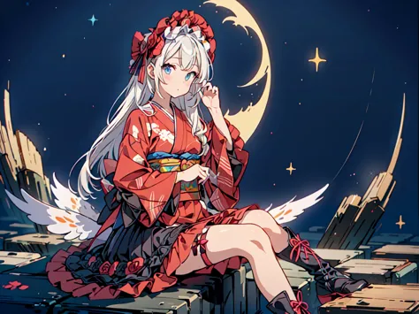 Star Fairy、(masterpiece, highest quality), One Girl, Sitting on the crescent moon、「Beautifully printed galaxy patterned kimono a...