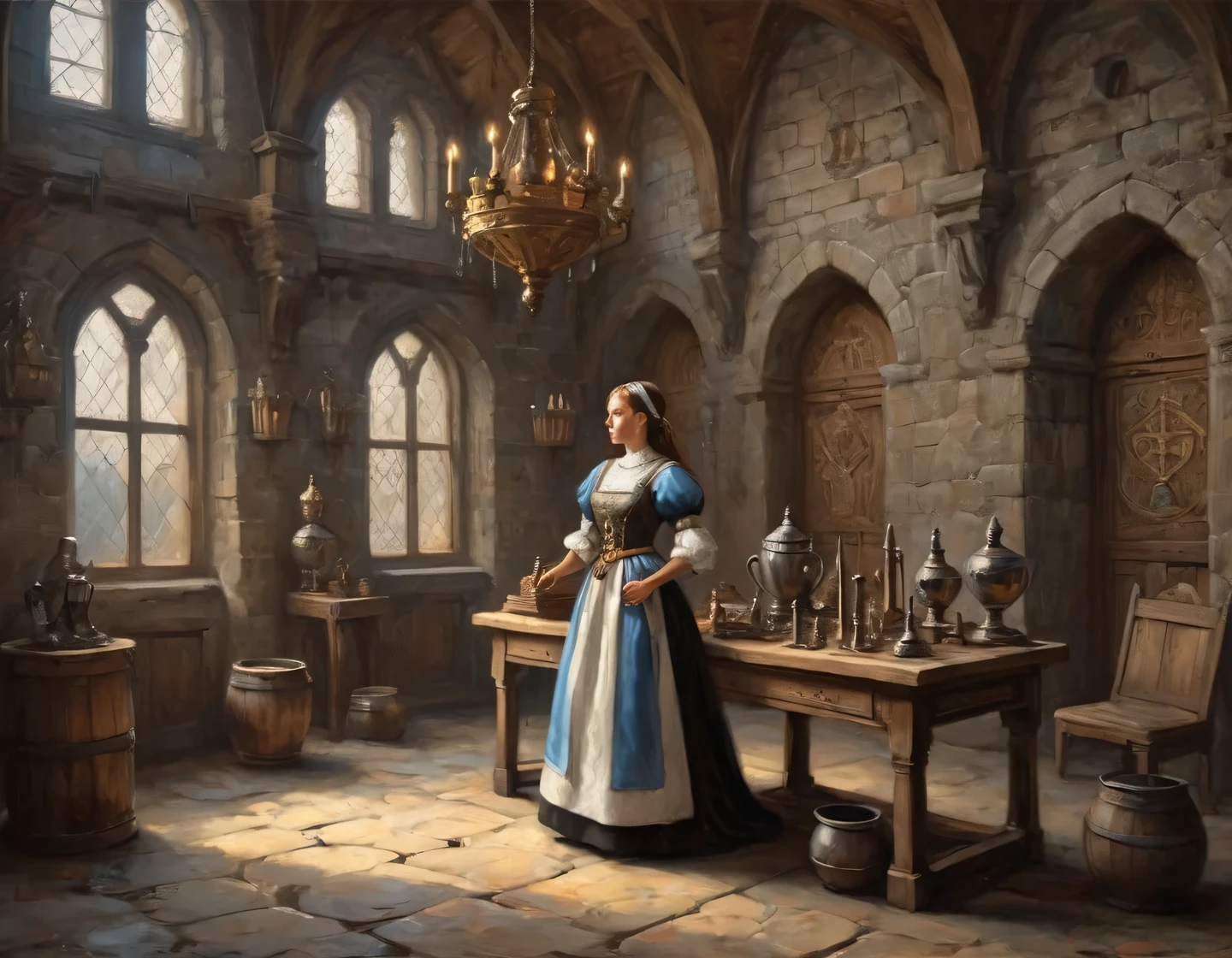 Uma fotografia antiga, uma garota ciborgue vestida de empregada doméstica está construindo no salão de um castelo medieval, mobiliário medieval, troféus e armas nas paredes, heráldica, realista