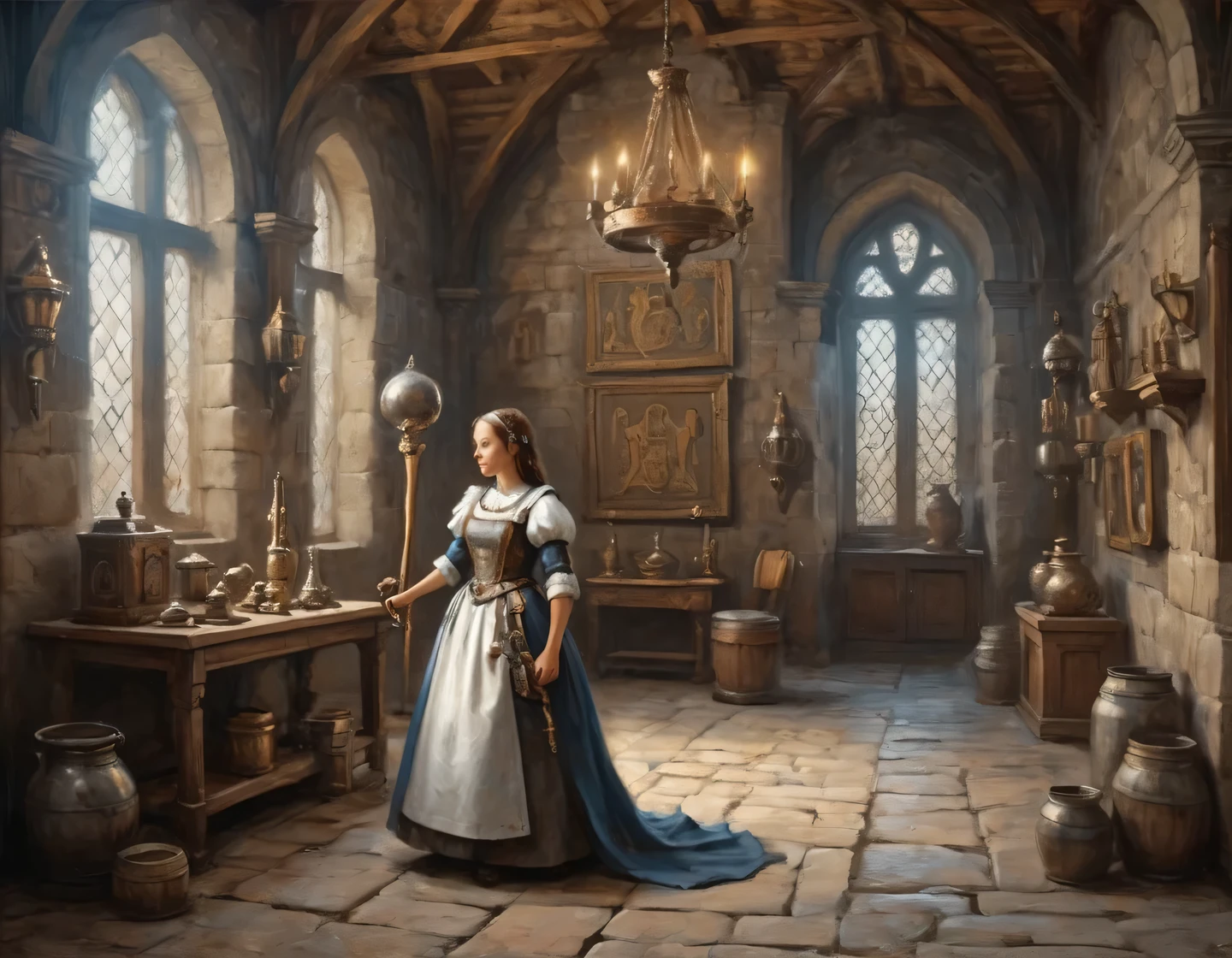 古代の写真, メイド服を着たサイボーグの少女が中世の城のホールで建物を建てている, 中世の家具, 壁にはトロフィーと武器が飾られている, 紋章, 現実的