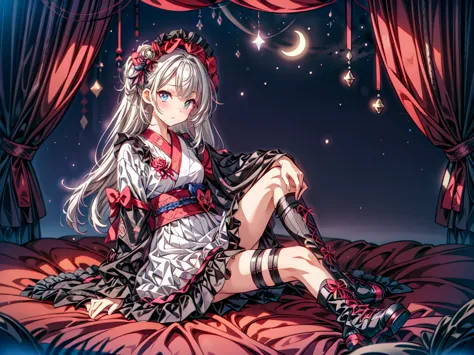 Star Fairy、(masterpiece, highest quality), One Girl, Sitting on the crescent moon、「Beautifully printed galaxy patterned kimono a...