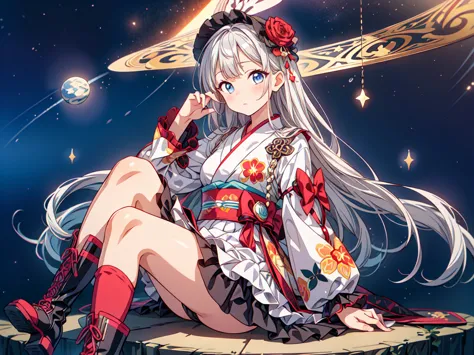 Star Fairy、(masterpiece, highest quality), One Girl, Sitting on the crescent moon、「Beautifully printed galaxy patterned kimono a...