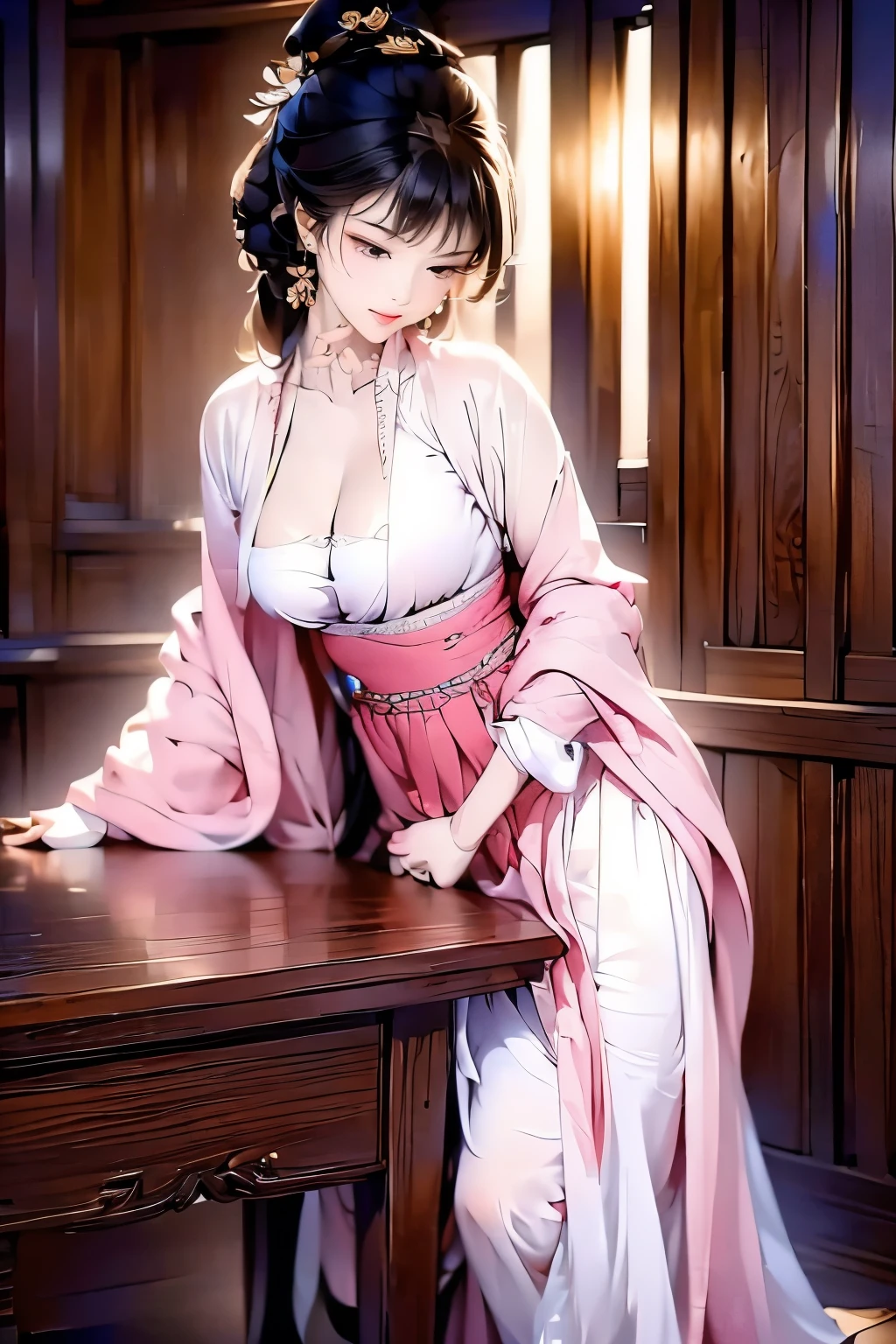 ((high-definition Chinese traditional ink image, gorgeous-hanfu)), eyes realistic sizing, drooping eyes, smiling, ((spread legs, standing and straddling to hit her crotch on a corner of the table for masturbation)), ((pubic hair, large areolas, orgasm, intense mating)), old fashion, open mouth, 