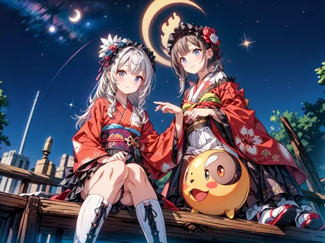 Star Fairy、(masterpiece, highest quality), One Girl, Sitting on the crescent moon、「Beautifully printed galaxy patterned kimono a...