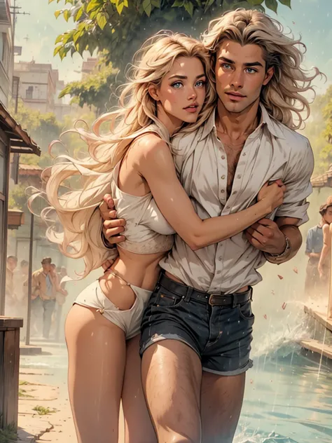 a tall handsome manly young man with long straight platinum hair, blue eyes, dressed in beach shorts, hugs an incredibly beautif...