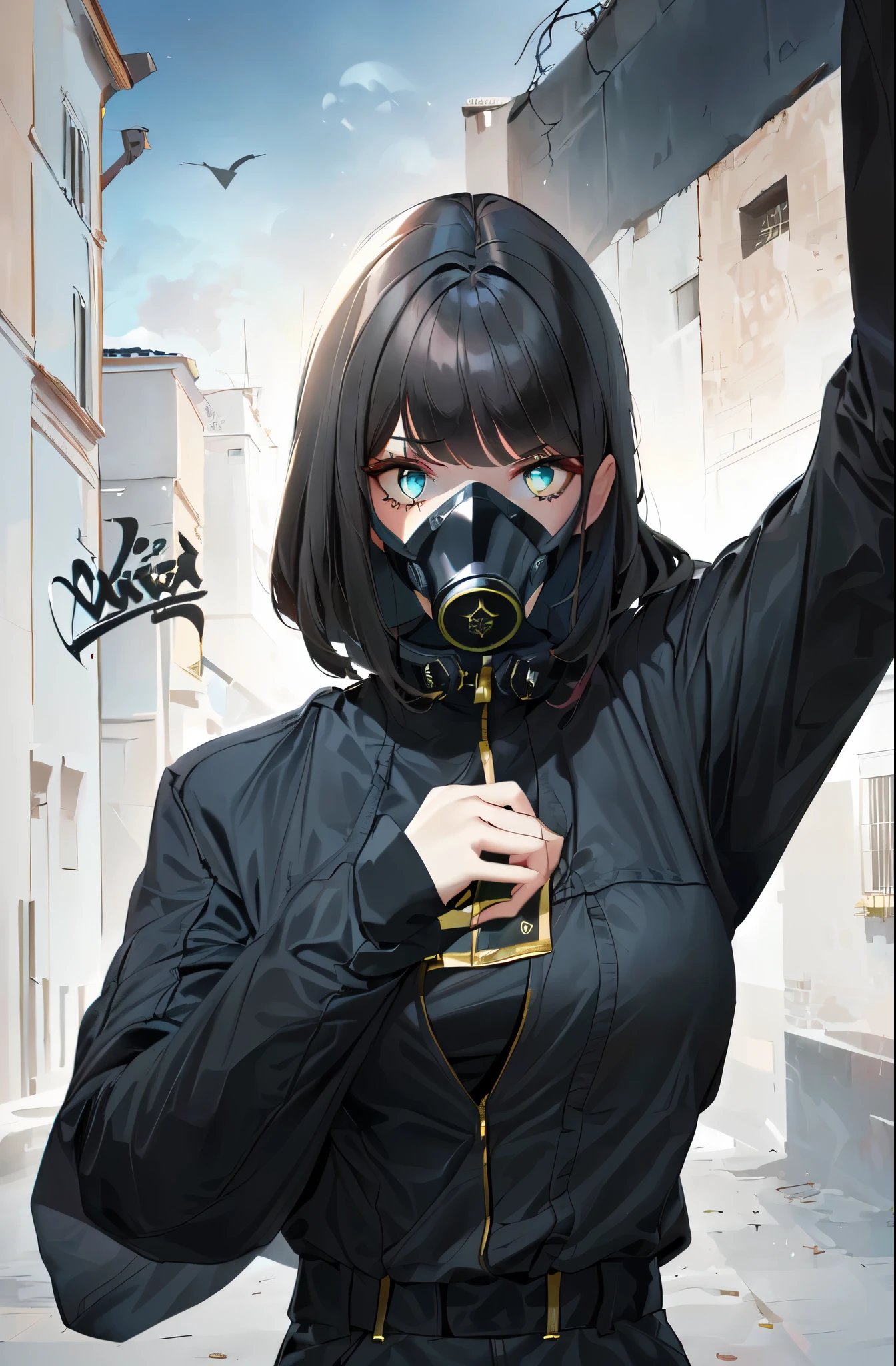 girl wearing gas mask, garota sexly, pretty legs, sexy legs, scary gas mask, evil, villain, girl big boobs, sexly, striking red eyes, eyes shining cut, neon light in red eyes, beautiful and sensual eyes, charming female eyes, Bblack hair