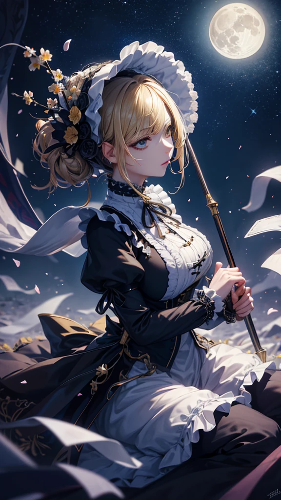 masterpiece, high quality, 4K, Beautiful design, silhouette，blonde， 非常に詳細な夜のStarry Sky,Flower Field， wonderful, Finer details,  Very knowledgeable woman, Highly detailed solo, 1 female,Big Breasts，Gothic Lolita Fashion，Night view，Starry Sky，full moon，