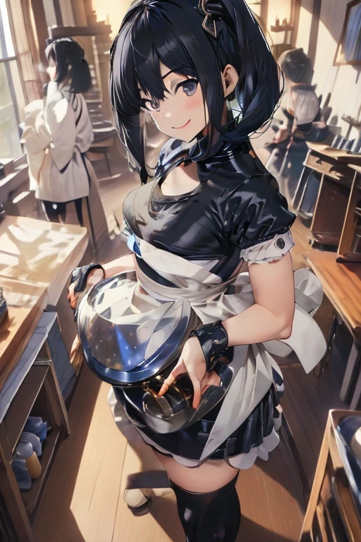 (fantasy:1.5),(anime,8k,masterpiece, top quality, best quality,beautiful and aesthetic:1.2,professional illustrasion:1.1,ultra detail:1.3,perfect lighting),extremely detailed,highest detailed,incredibly absurdres , highres, ultra detailed,intricate:1.6,(Alchemy Workshop:1.4),A girl mixing,Medicine in many small bottles,holding small potion,colorful:1.4,zentangle,(1girl),(girl),(Three kingdoms female warload),(highly detailed beautiful face and eyes,firm breasts),oily skin,((black,hair,short bob with short pony tail hair)),thin pubic hair,cute,lovely,34 years old,alchemist costume,Merchant's Clothing,smile,in the kitchen,smile,seductive weak smiling,(with sparkling eyes and a contagious smile),open mouth, Looking at Viewer, 