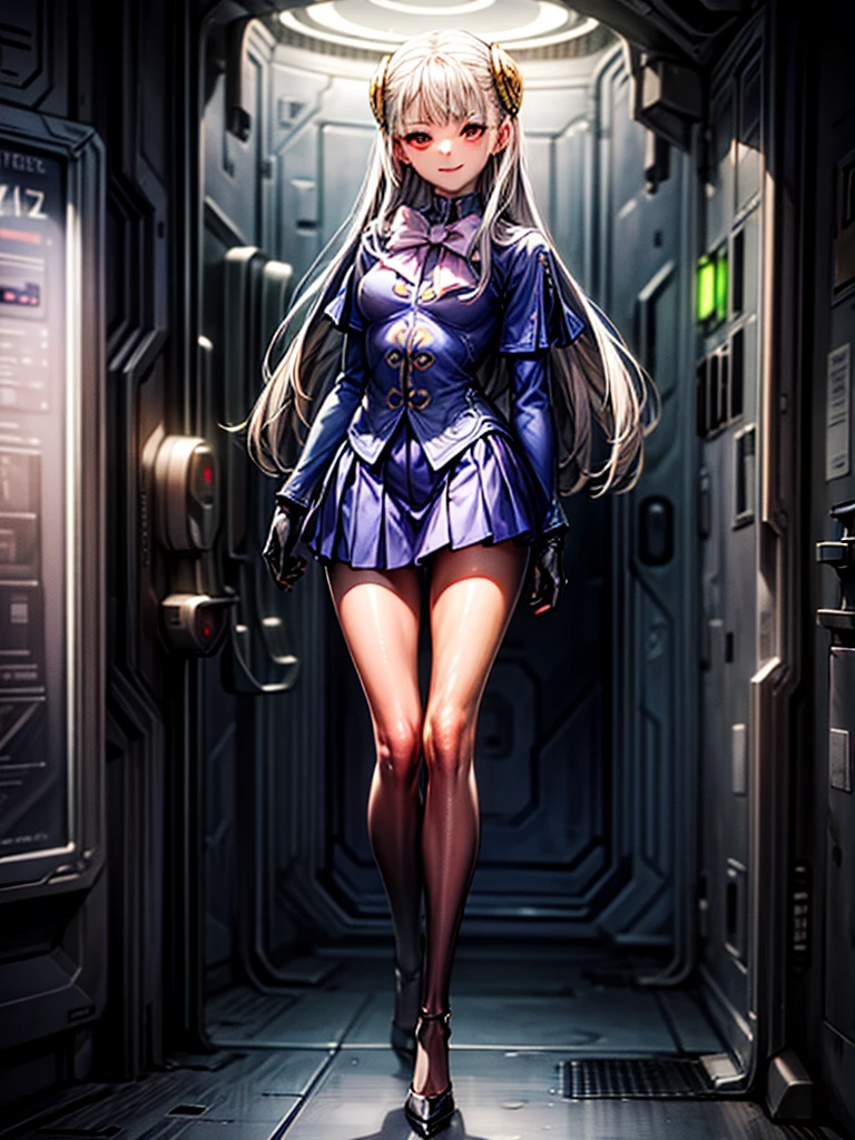 (masterpiece、highest quality、High resolution)、(Inside the futuristic base:1.6),1 girl、alone、ingrid、hair pod、gloves、skirt、pantyhose、bow、dress、 eye、(evil smile:1.4)、anime style、evil boss、Trampling、Full body Esbian,,empty eyes,mind control device, Pauses, obedient_Pause, show off the collar