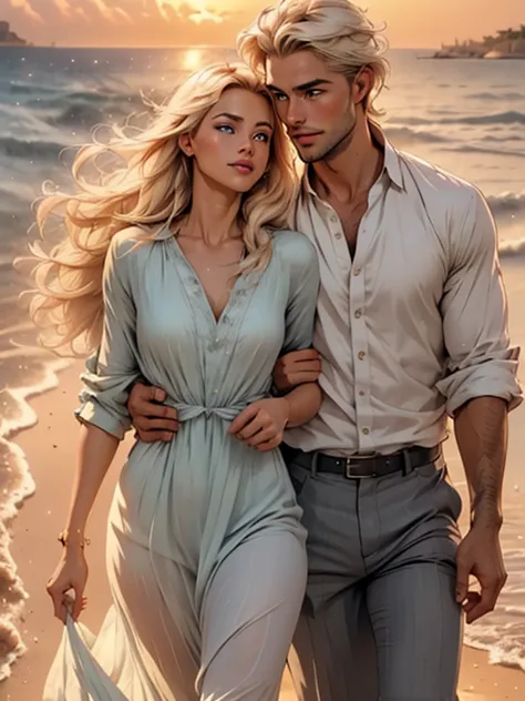 the picture shows a couple: a man (a tall, handsome, courageous young man-platinum blonde with blue eyes, long straight platinum...