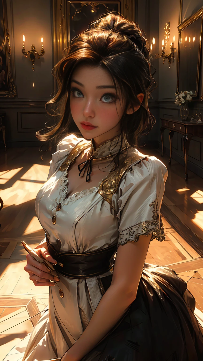 beautiful detailed maid girl,1950s style,elegant mansion interior,hyperdetailed,8k,high quality,ultra-realistic,realistic lighting,photorealistic,cinematic,highly detailed face and eyes,beautiful detailed dress,intricate details,chiaroscuro lighting,dramatic shadows,warm color tones,golden hour lighting,ornate decor,luxurious furniture,parquet floors