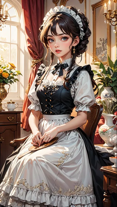 (1 Female:Dressed in maid uniform:beautiful:Perfect Face),The best configuration,Best color balance,Create an image of a classic...