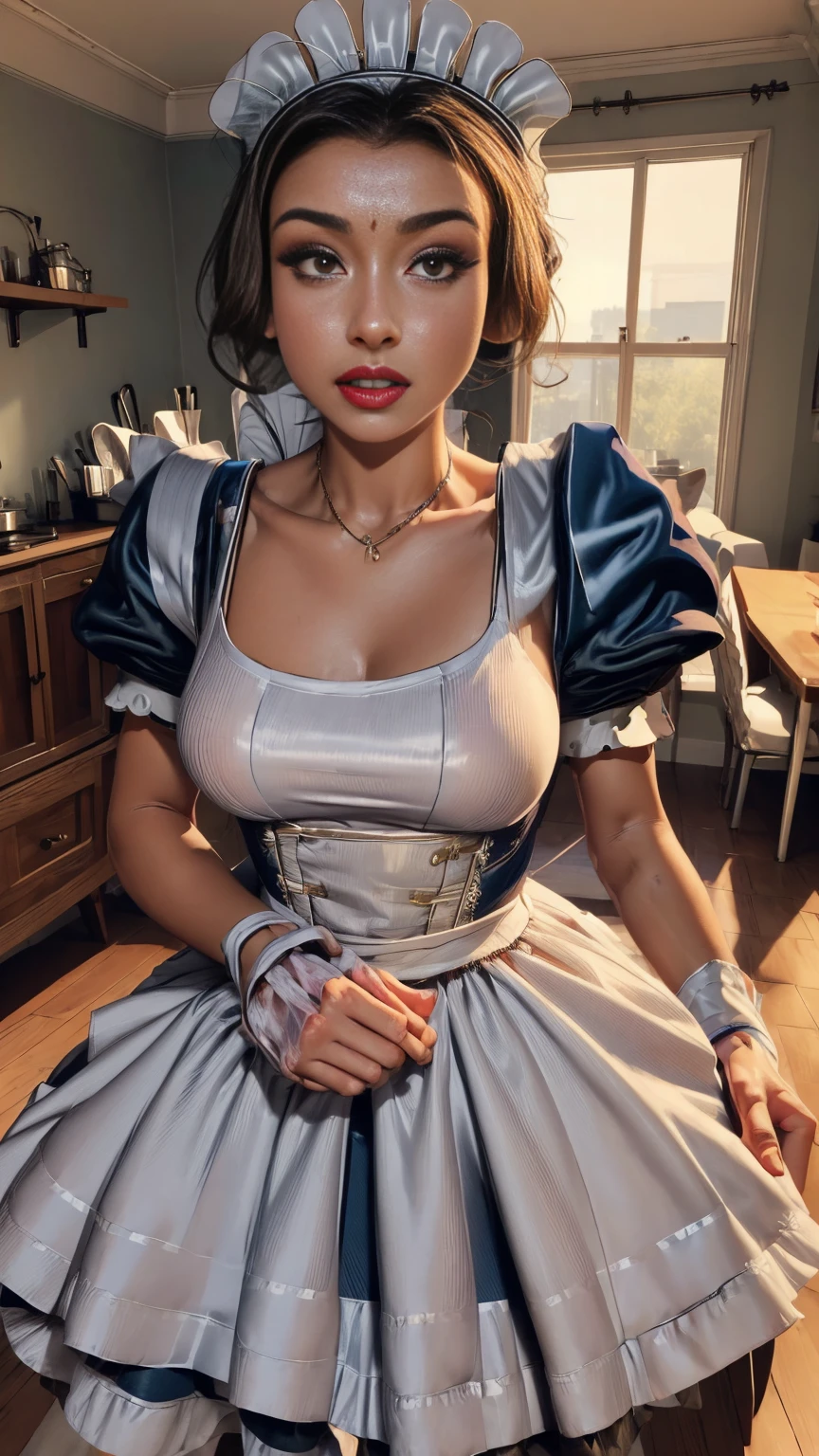 ((beautiful detailed maid (in maid clothes:1.4), 50s style:1.5)), elegant mansion interior, hyper detailed, 8k, high quality, ultra realistic, realistic lighting, photorealistic, cinematic, highly detailed face and eyes, beautiful detailed dress, intricate details, chiaroscuro lighting, dramatic shadows, warm color tones, golden hour lighting, ornate decor, luxurious furniture, parquet floors.
