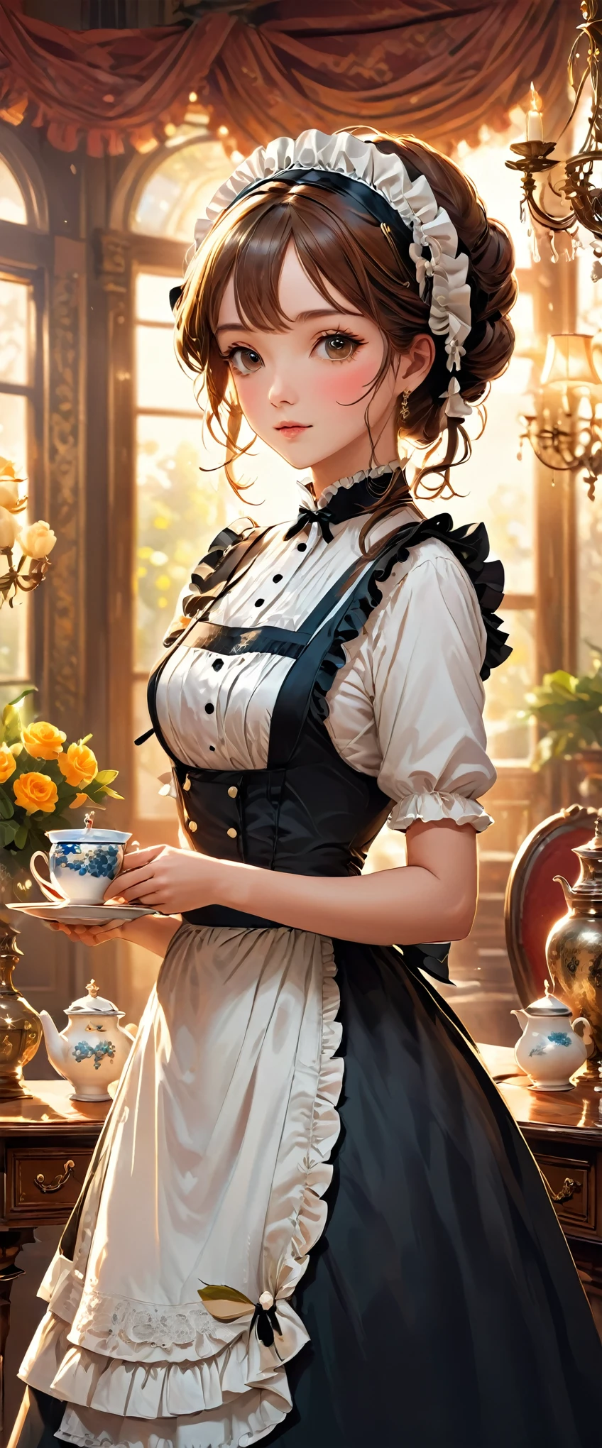(1 Female:Dressed in maid uniform:beautiful:Perfect Face),The best configuration,Best color balance,Create an image of a classical maid holding a tea set in a luxurious Victorian living room. The maid should be wearing a traditional black and white maid outfit with a frilly apron and a simple headband. She has a calm and graceful expression. The living room is opulently decorated with rich furnishings. There is a large window in the background through which sunlight is streaming in, casting a warm glow over the room. The room features ornate wallpaper, heavy curtains, a grand chandelier, and antique furniture including a polished wooden table and upholstered chairs. The overall atmosphere is elegant and refined.,Disorganized,Zentangle,rendering,antique,Rich colors,Intricate details,Very detailed,Carefully draw down to the smallest detail,beautiful光と影,Reality,highest quality,夢のようにbeautiful,,Anatomically correct,Perfect proportions,Frills,race,