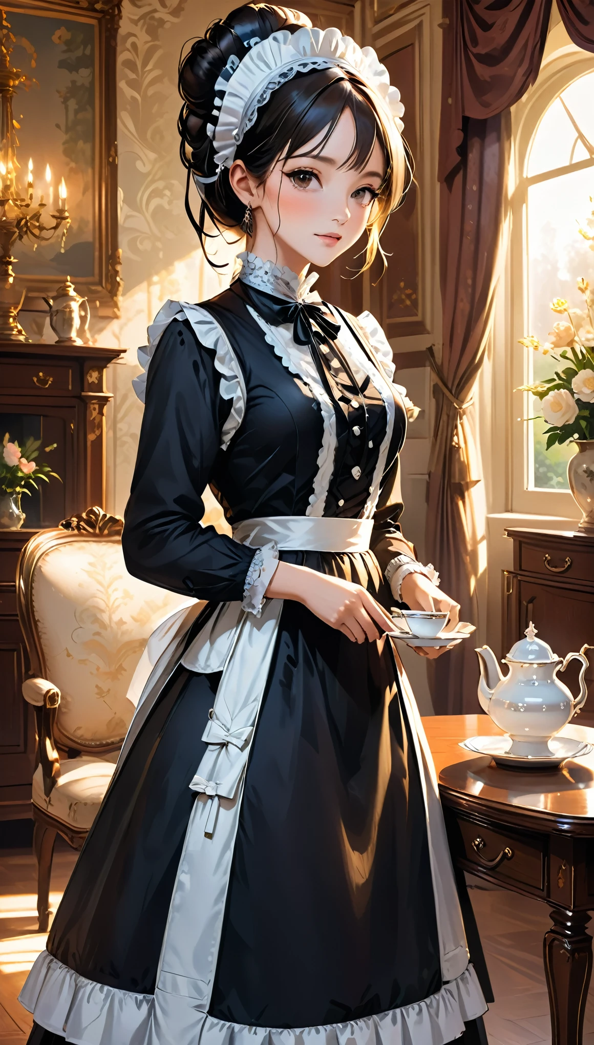 Create an image of a classical maid holding a tea set in a luxurious Victorian living room. The maid should be wearing a traditional black and white maid outfit with a frilly apron and a simple headband. She has a calm and graceful expression. The living room is opulently decorated with rich furnishings. There is a large window in the background through which sunlight is streaming in, casting a warm glow over the room. The room features ornate wallpaper, heavy curtains, a grand chandelier, and antique furniture including a polished wooden table and upholstered chairs. The overall atmosphere is elegant and refined.