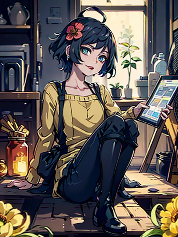 uiharukazari, uiharu kazari, (black eye:1.5), black hair, flower, hair flower, hair ornaments,open mouth smile,Flower wreath on head, short hair, Flower shop clerk,Flower shop,sweater,short denim bunts,black pantyhose,short boots,apron, break looking at viewer, break indoors, Flower shop, break (masterpiece:1.2), highest quality, High resolution, unity 8k wallpaper, (figure:0.8), (detailed and beautiful eyes:1.6), highly detailed face, perfect lighting, Very detailed CG, (perfect hands, perfect anatomy),