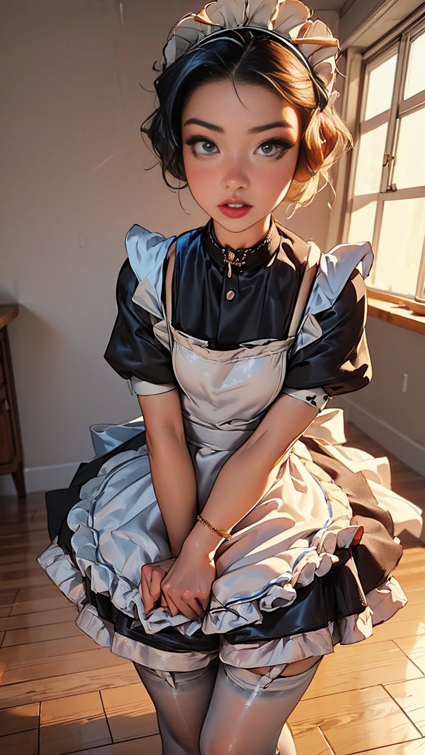 ((beautiful detailed maid (in maid clothes:1.4), 50s style:1.5)), elegant mansion interior, hyper detailed, 8k, high quality, ultra realistic, realistic lighting, photorealistic, cinematic, highly detailed face and eyes, beautiful detailed dress, intricate details, chiaroscuro lighting, dramatic shadows, warm color tones, golden hour lighting, ornate decor, luxurious furniture, parquet floors.