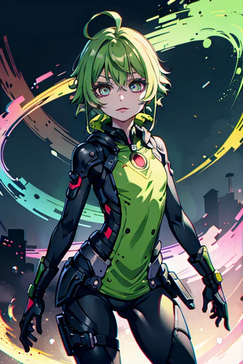 A young boy，Short green hair is messy，luminous pink eyes，wearing futuristic clothing，Happy and happy。