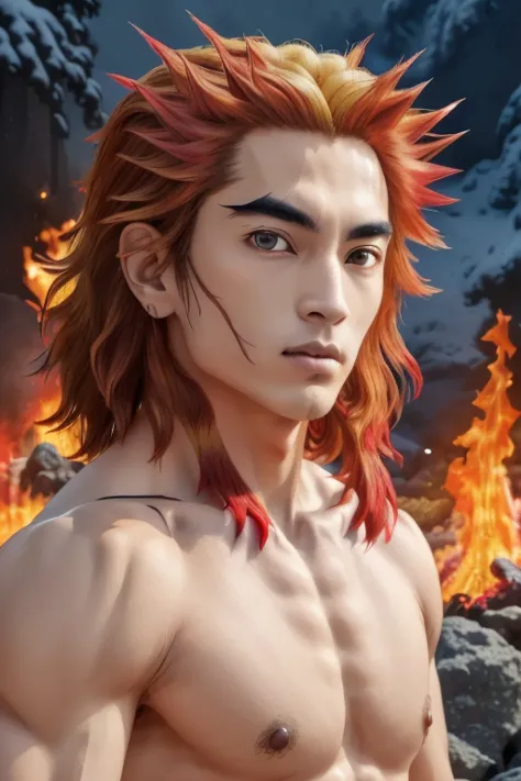 RAW Photos, ((((Extreme beauty portrait))), portrait of rengoku kyoujurou in hell, fire, alone, wallpaper, red, fire山, very, roc...