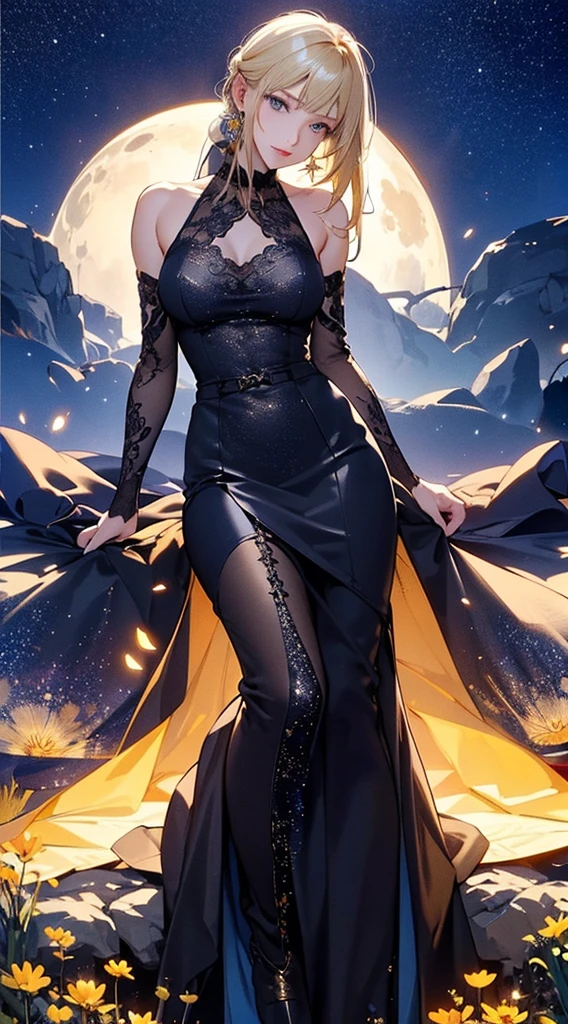 masterpiece, high quality, 4K, Beautiful design, silhouette，blonde， 非常に詳細な夜のStarry Sky,Flower Field， wonderful, Finer details,  Very knowledgeable woman, Highly detailed solo, 1 female,Big Breasts， dress，Night view，Starry Sky，full moon，